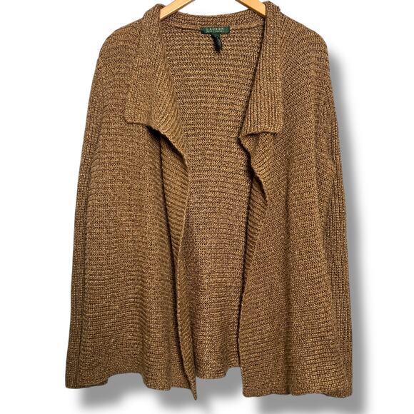 Ralph Lauren Gold Draped Open Front Cardigan Mock Neck Tank Belted Sz XL Gold - Picture 4 of 16